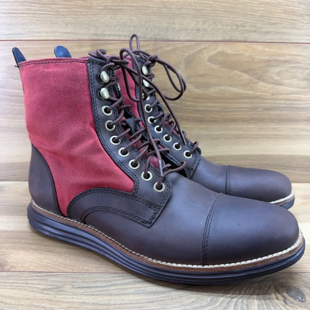Cole Haan Original Grand Cap Toe Boots Mens 8 Brown Leather Red Canvas Casual